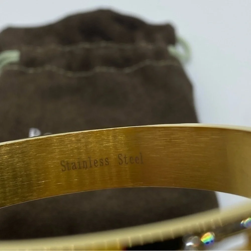 Ross+Simons Swarovski Greek Key Gold Stainless Steel Bangle NWB